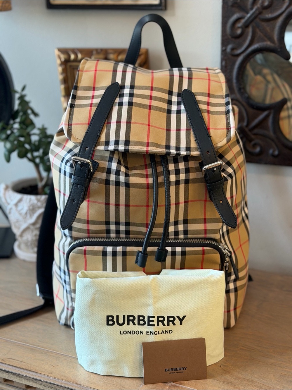 Burberry Vintage Check Medium Canvas Leather Backpack (Dust Bag Included)
